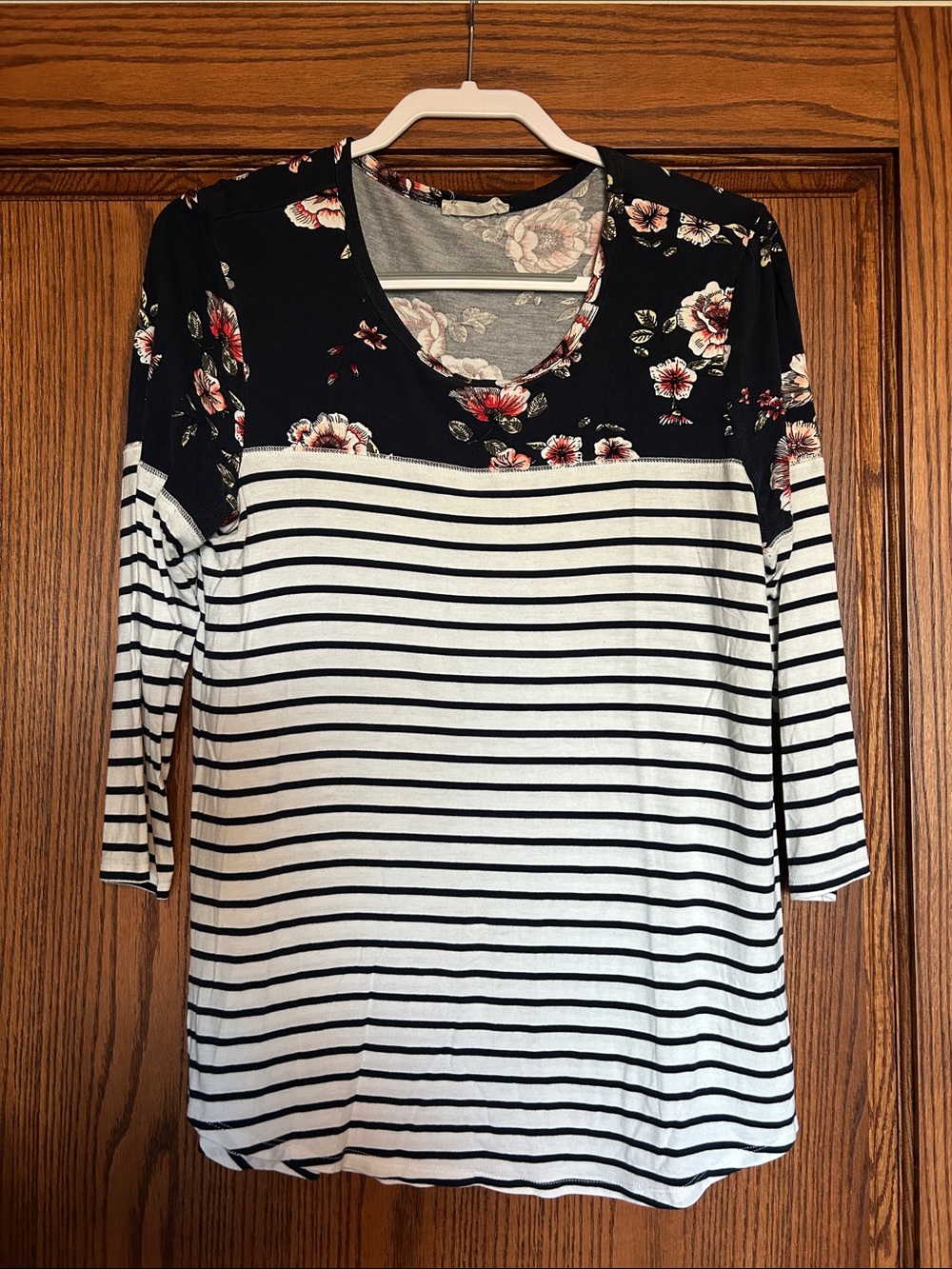 Black Floral Yoke Striped Long-Sleeve Tee